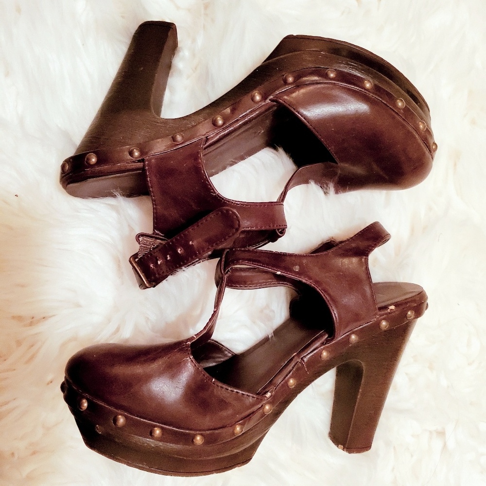 Brown t-strap heels